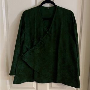 Asian inspired dark green Minibee blouse with Chinese frog buttons.